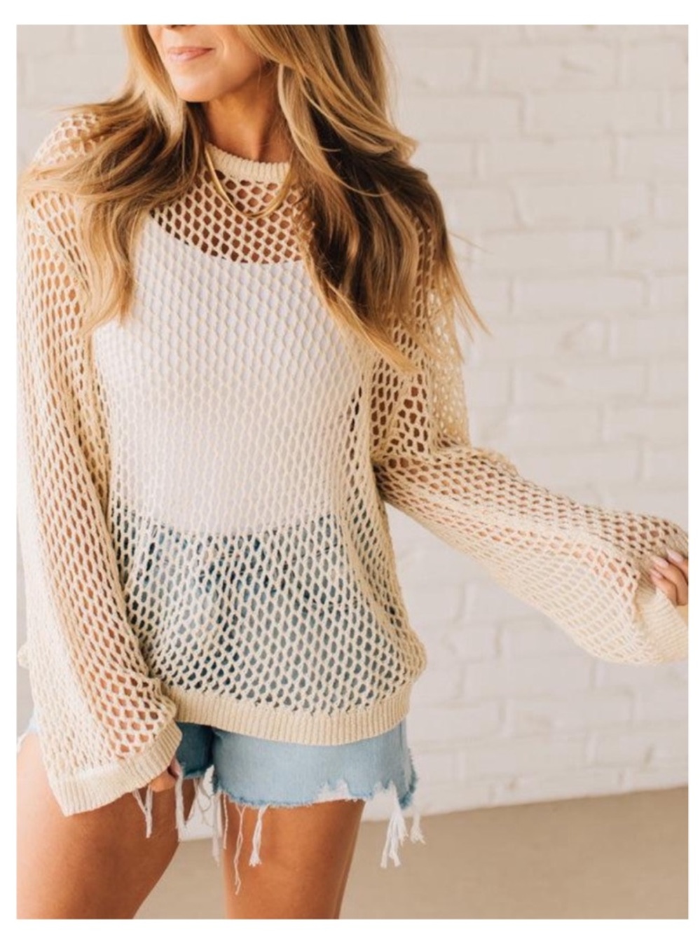🟠NWT BIBI Open Knit Drop Shoulder Pullover in Cream MED - Picture 4 of 11